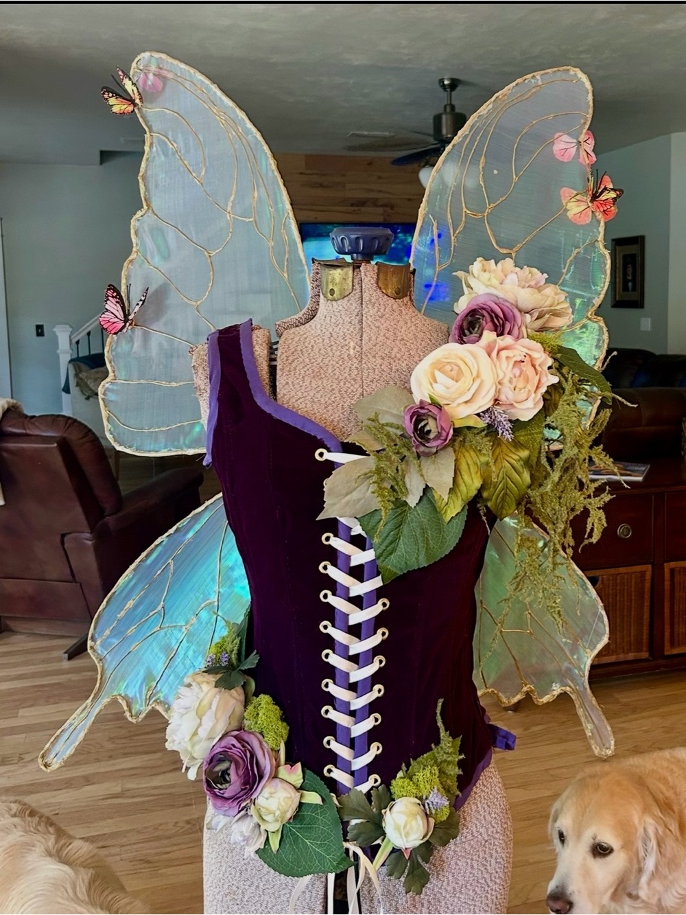 Handcrafted Purple Velvet Fairy Corset, Floral Accents, light up wings and crown